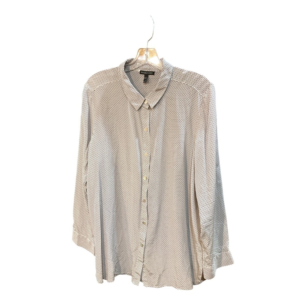 Eileen Fisher 100% Silk Striped Button Down Shirt Blouse Ivory Black XL/TG